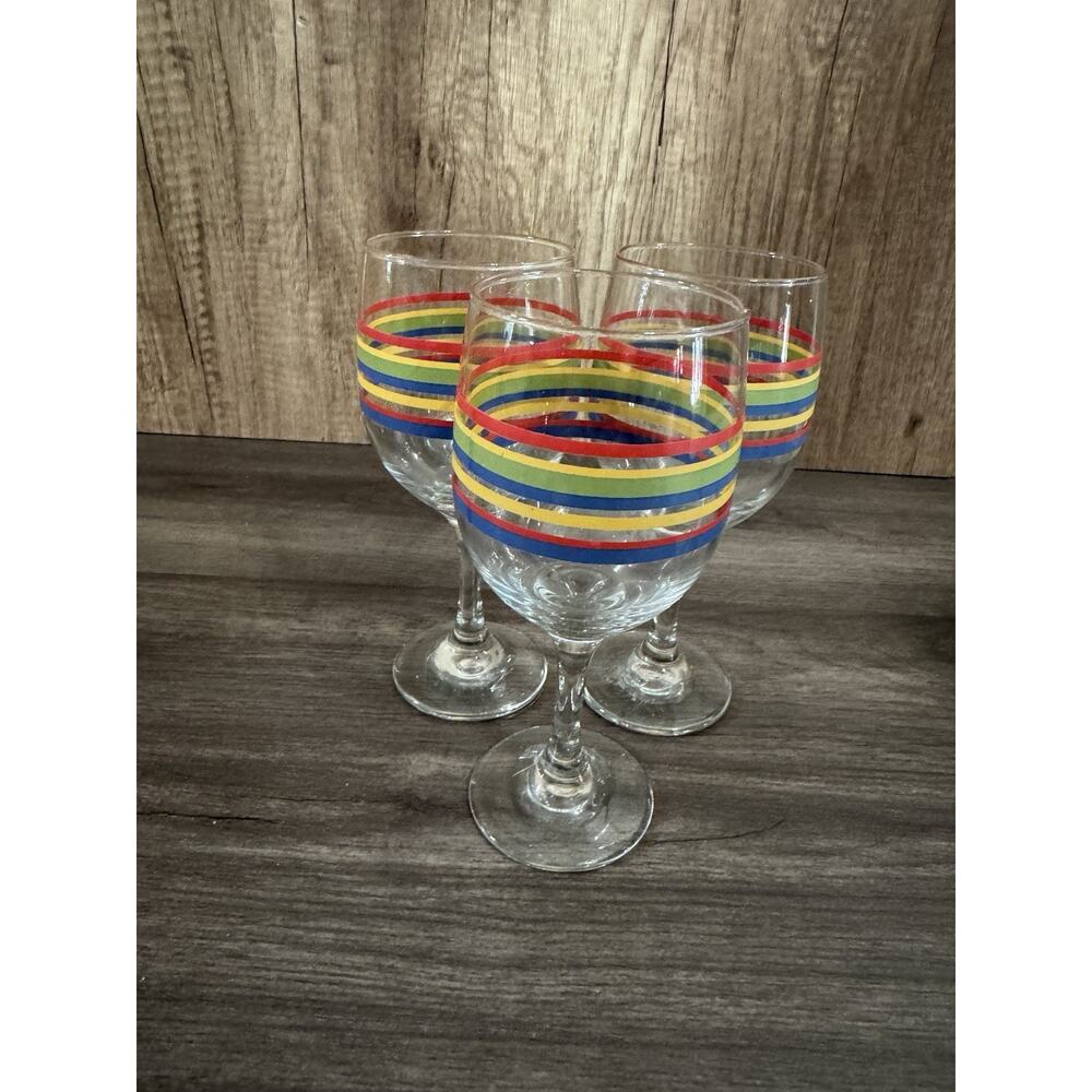 Set Of 3 Libbey "MAMBO” Fiesta Ware Striped Stemware Water Goblets/Wine Glasses